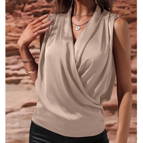 Luxe Satin Overlap Sleeveless Blouse - Picture 4 of 12